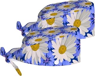 Adjustable Working Cap Set 2 with Buttons and Sweatband White Daisy Flowers Bandage Cap Work Hats Set for Women Caps Tie Back Hats for Men,Long Hair