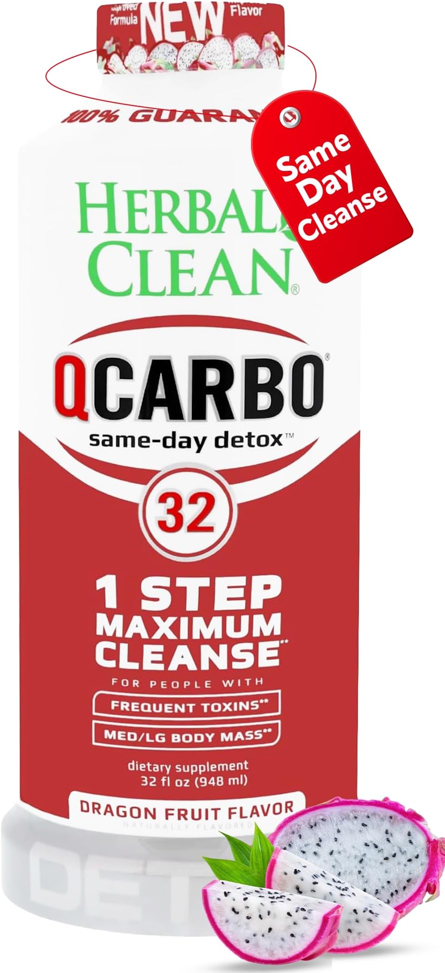 Qcarbo32 Same-Day Detox Cleanse Drink (32 fl oz) - Dragon Flavor Full Body Cleanse* Detox Drink for Frequent Toxin Level*, Vitamin B2 and Vitamin B12 for Men & Women