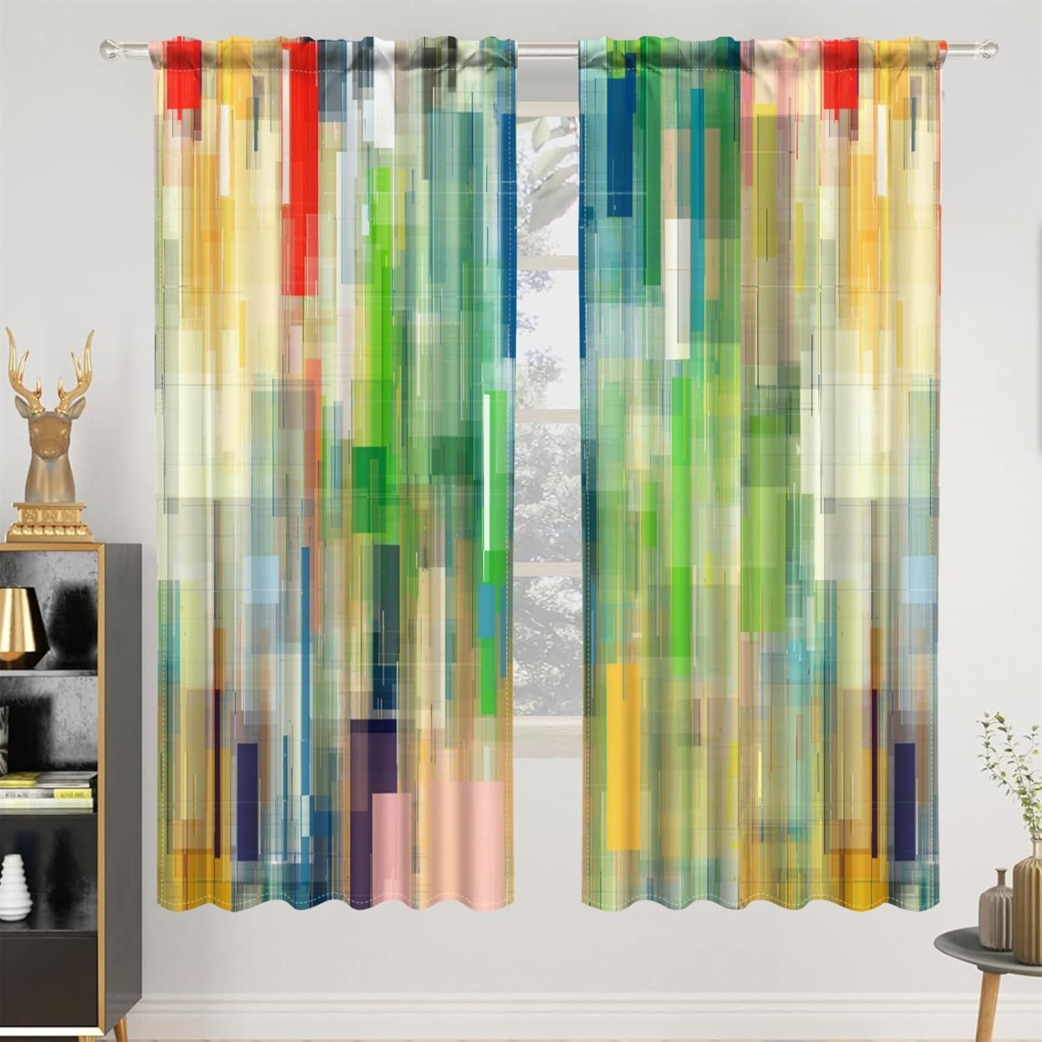Renaiss 26 x 63 Inch Colorful Window Curtain Linen Texture Rod Pocket Blackout Curtains Abstract Art Painting Modern Patio Blackout Curtains for Living Room Bedroom Window Treatment Drapes 2 Panels