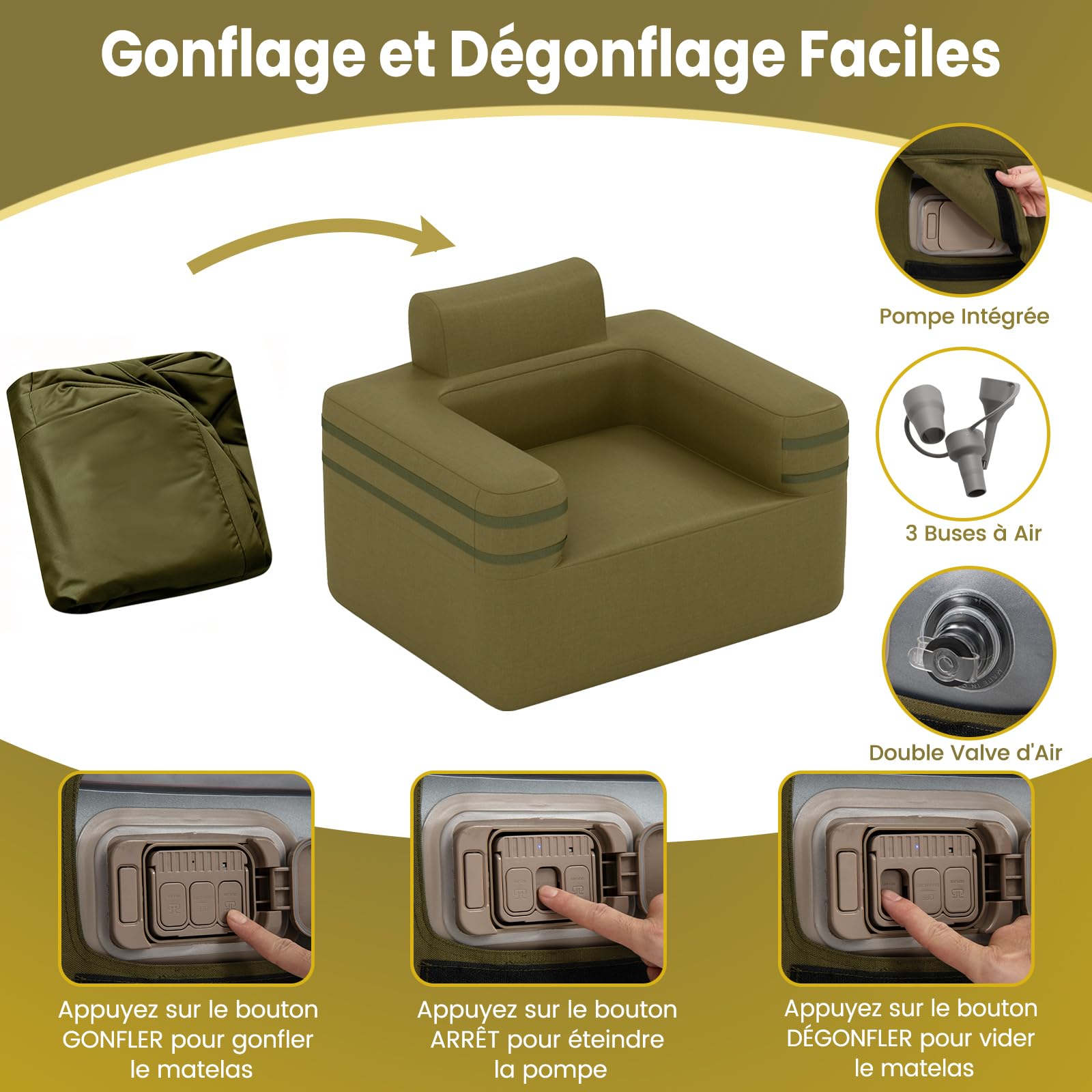 RELAX4LIFE Canapé Gonflable Convertible 1 Place, Fauteuil de Camping Gonflable Extérieur avec Pompe Portable|Sac de Transport|Sangles Latérales pour Camping, Voyages, Fêtes 176 x 84 x 81 cm
