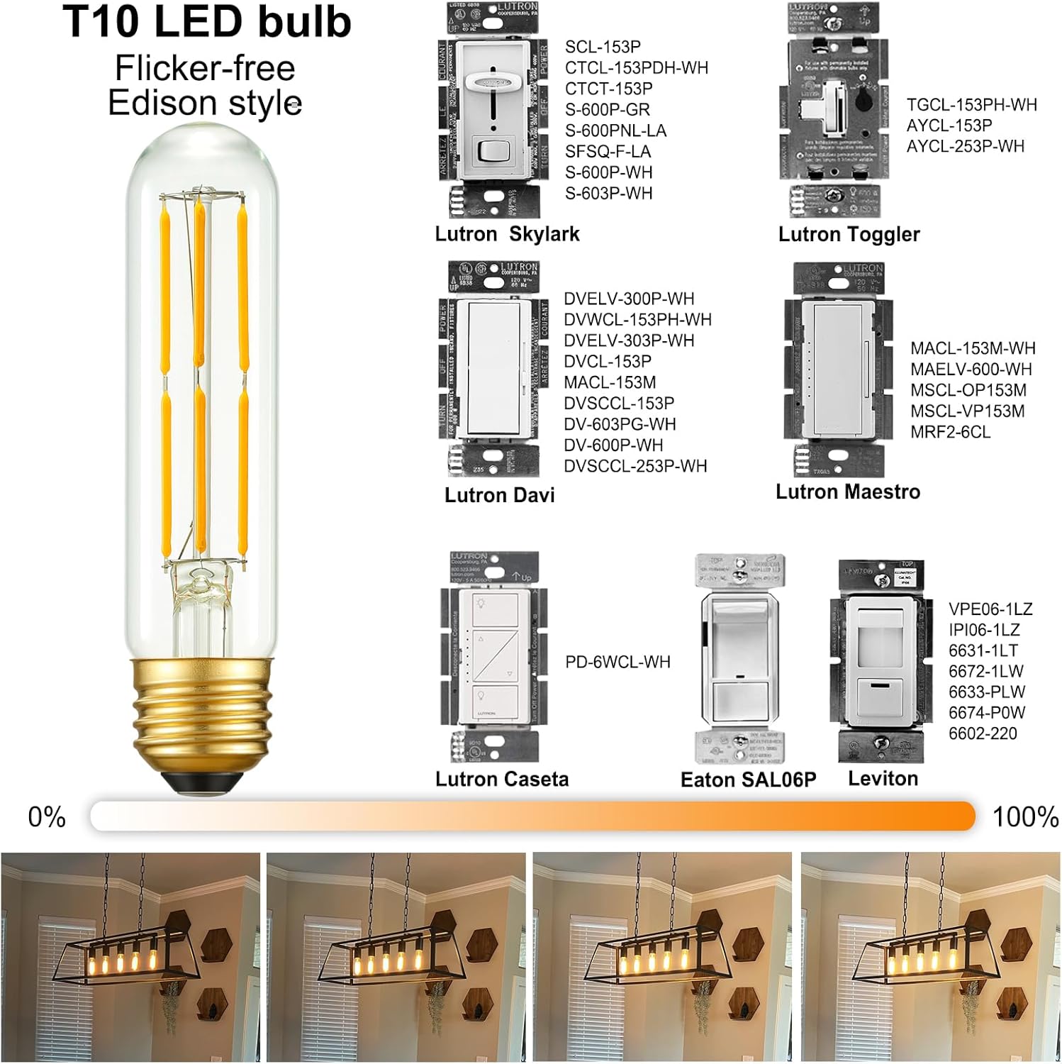Arberlic 5 Inch T10 LED Bulb,6W Tubular Light Bulb Equivalent E26 led Bulb 60 watt dimmable,Warm White 2700K,600lm,CRI85+,AC120V,Edison Style,Clear Glass,Flicker Free,Pack of 6