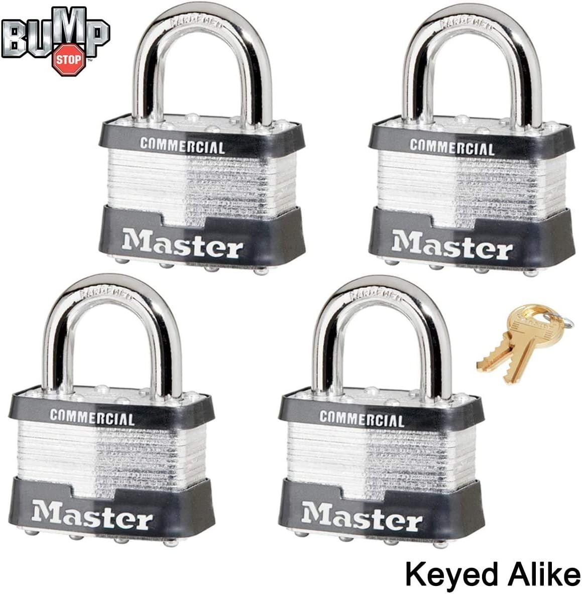 Master Lock Padlock - 2" W Body x 1" L Shackle, Four (4) Keyed Alike Locks w/8 Keys, 5 NKA-4 w/Bump Stop Technology