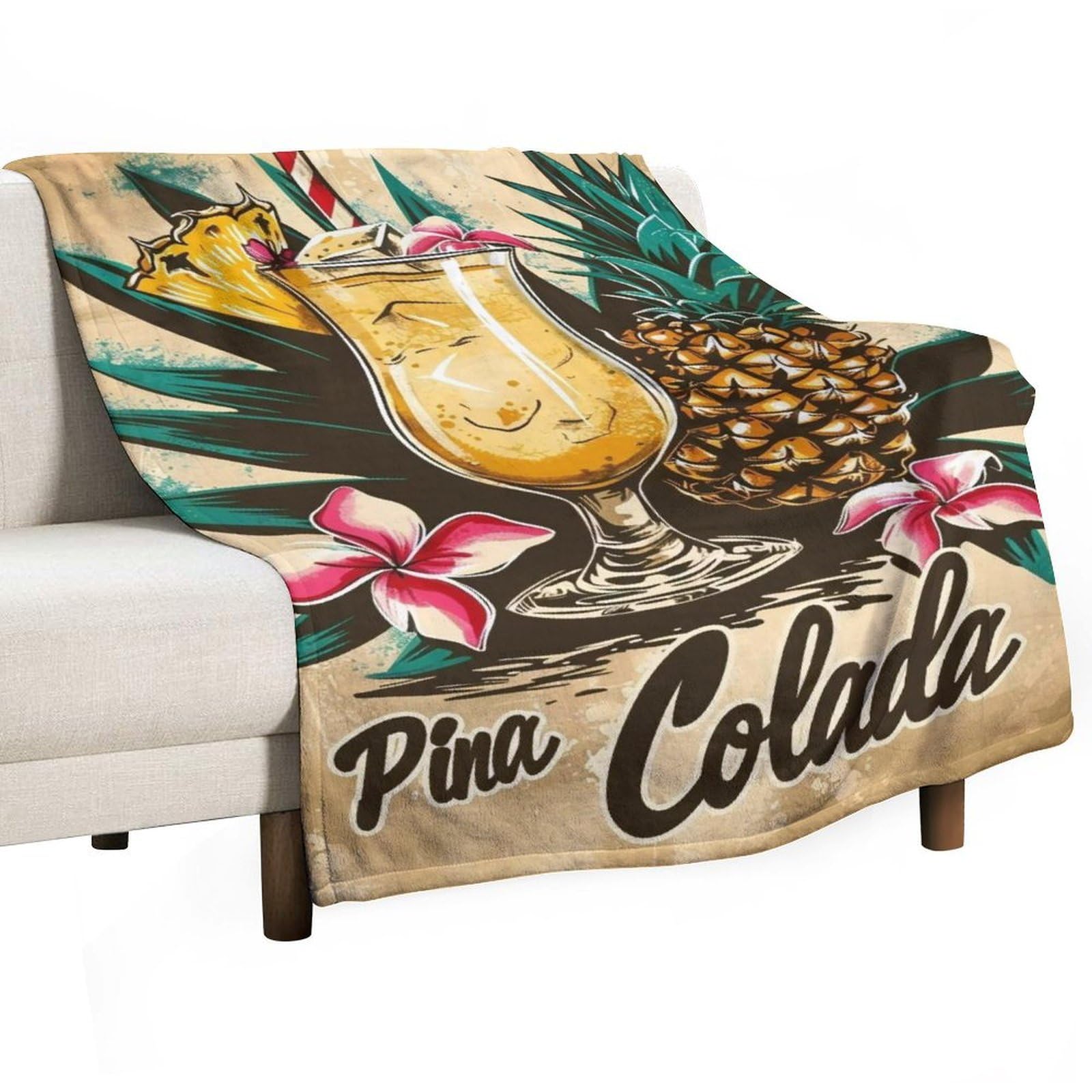 YHGSREUOH Linocut-Tiki-Bar-Pina-Colada-Drink-Fruit_01 Flannel Blankets Fleece Soft Throw Lightweight Plush Gifts for Couch, Bed, Cozy Sofa Plush, Chair, Lovers 32x48inch(80x120cm)