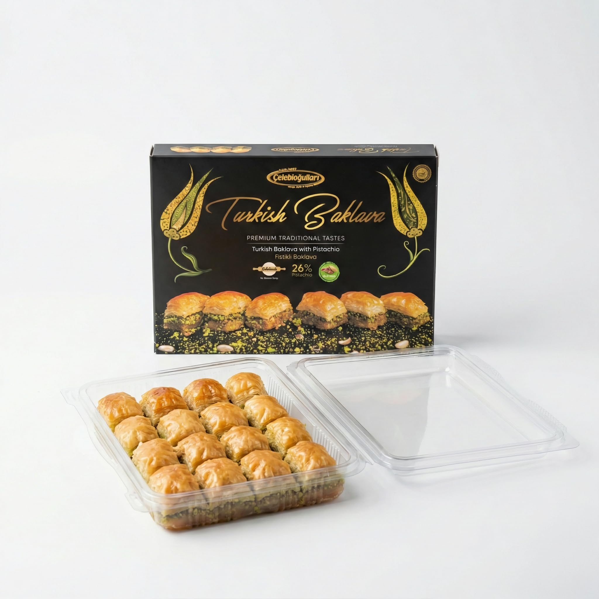 Baklavacı Çelebioğulları Baklava Turc à la Pistache – 500 g (1,1 lb) Pâtisserie Traditionnelle Faite Main – 26% Pistache – Sans Sirop de Glucose – Halal – Coffret Dessert Méditerranéen Cadeau