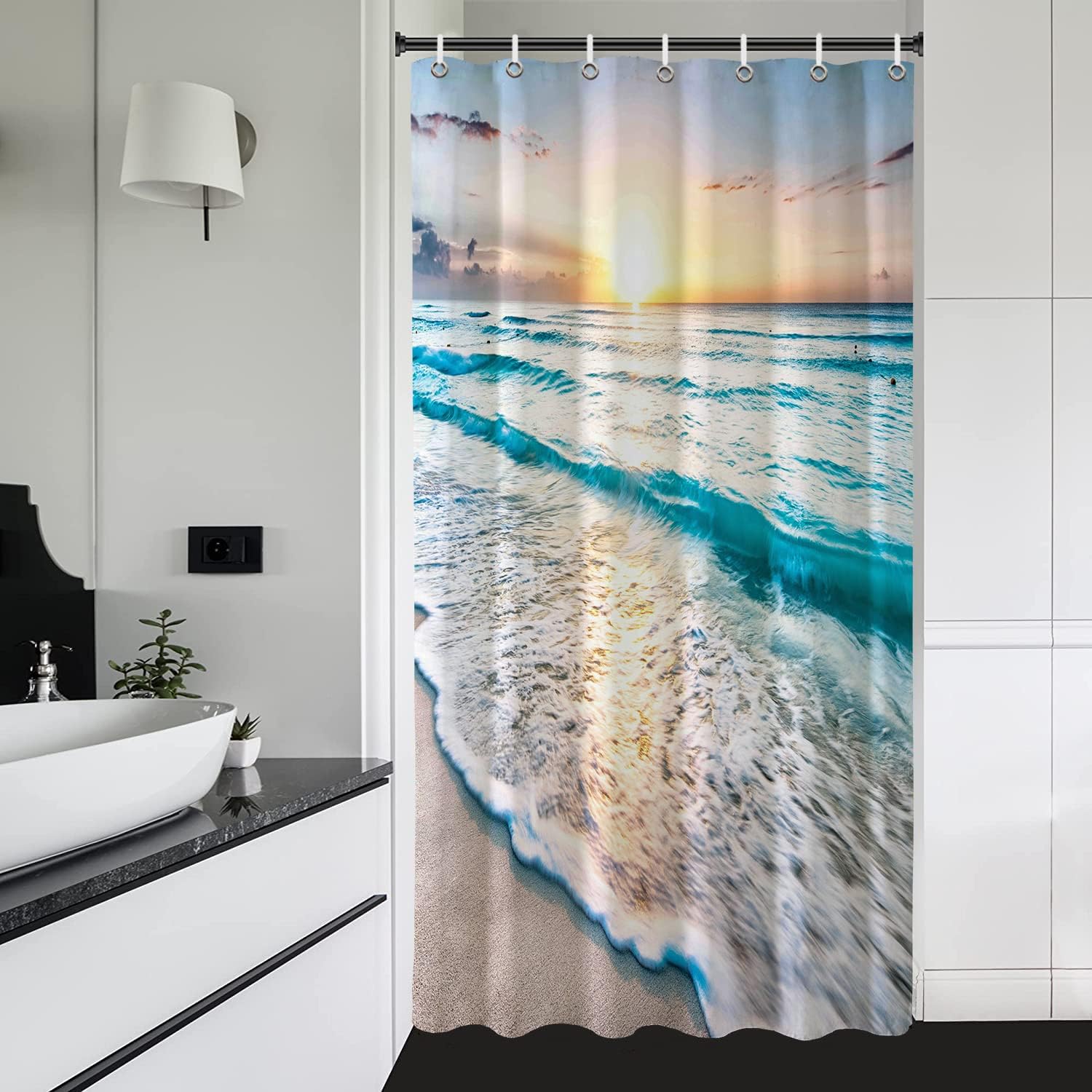 Baccessor Tropical Beach Shower Curtain Seashore Theme Sunrise Hawaiian Blue Ocean Shower Curtain Waterproof Fabric Aesthetic Bathroom Decor with Hooks 72" W x 72" H : Home & Kitchen
