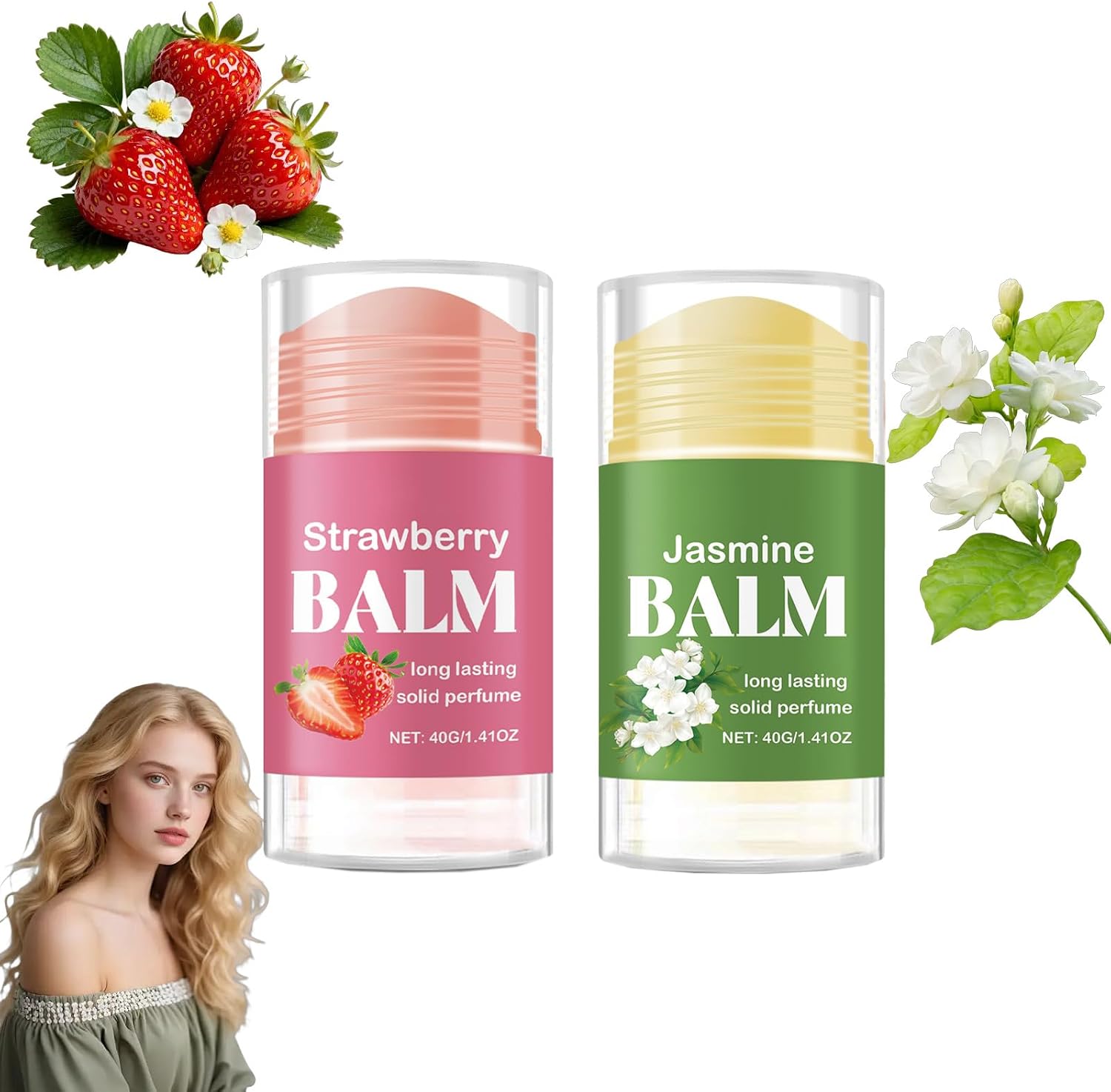 Strawberry Solid Perfumy w sztyfcie, Jasmine Solid Balsam perfumy, przenośne perfumy dla kobiet, długotrwałe zapachy, lekki, naturalny zapach owocowy, nawilżająca skóra (czerwony + zielony)