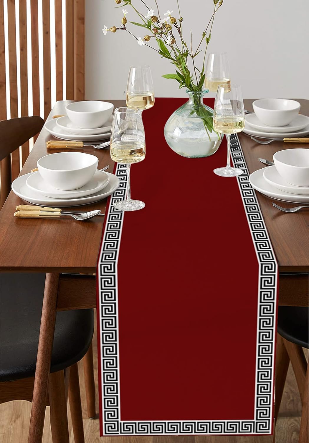 Ethnic Cotton Linen Table Runner Burgundy Red Greek Key Geometric Dresser Scarf 13x90In, Washable Kitchen Dinning Table Runners Decor for Indoor Outdoor Party Holiday Wedding Black White Frame