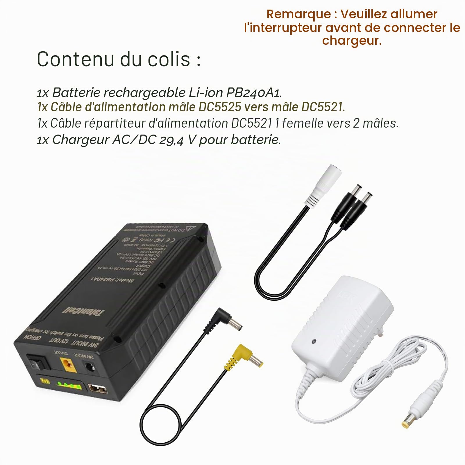 TalentCell Banque d’alimentation externe Batterie lithium-ion rechargeable 24/12/5V 82,88Wh 22400mAh avec chargeur pour bandes lumineuses LED, caméras de vidéosurveillance, etc. (Noir)