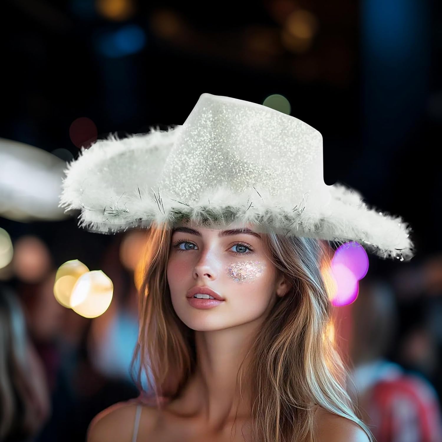 SHENYI Glitter Cowgirl Hat with Heart Sunglasses Body Glitter Face Glitter Cowboy Hat for Women Men Music Festival Party - Image 6