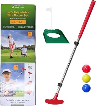 Go For It Golf Kids Putter with Extendable Shaft - Adjustable Size for Junior Golfers - Right Handed - Ideal Training Club for Children, Youth - Includes 3 Balls, Cup with Flag - 17"-35"