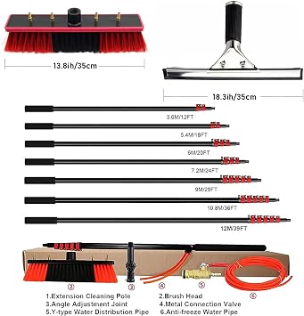 Window Cleaning Pole,with Squeegee 3.6-12m Water Tank Telescopic Brush, Extendable Cleaning Rod for PV and Roof, 36ft/10.8m,35cmbrushhead-3.6M/12FT