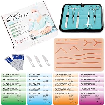 Complete Suture Practice Kit30 Pieces Include Suture Pad with Pre-Cut Wounds, Tool Kit and Sutures Demonstration and Educational Use Only