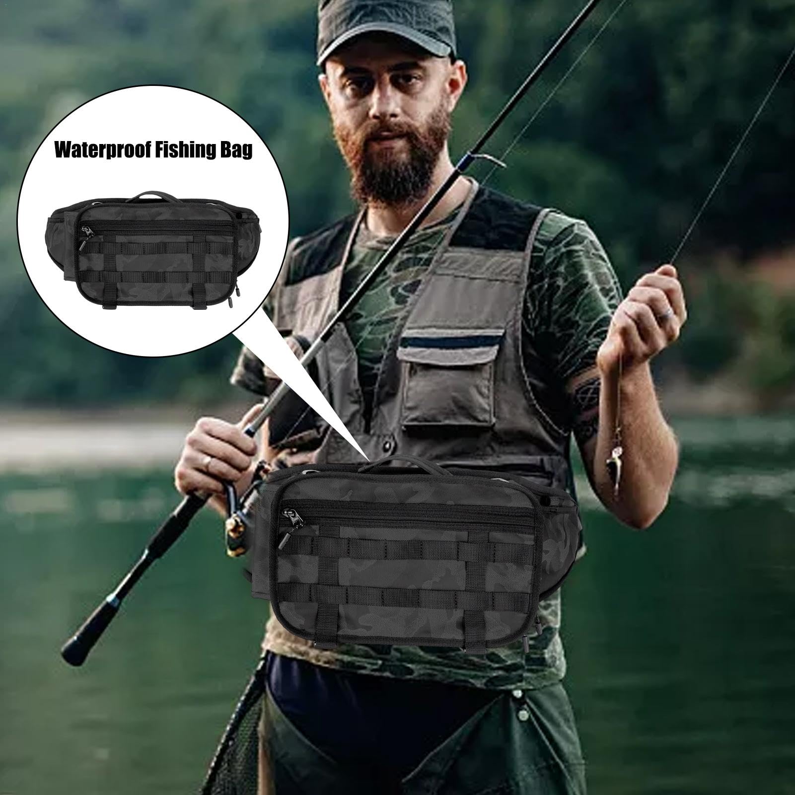Riñonera de Pesca Organizador Con Múltiples Compartimentos Para Accesorios | Bolsa de Pesca para la Cintura Para Senderismo Ciclismo Escalada Paseo De Perros Carretes Señuelos