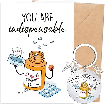 2Pcs Pharmacist Gifts for Women Men, Funny Pharmacy Thank You Card with Envelope Keychain, Christmas Graduation Retirement Appreciation Gifts for Doctor Nurse Pharmacy Tech DR RX