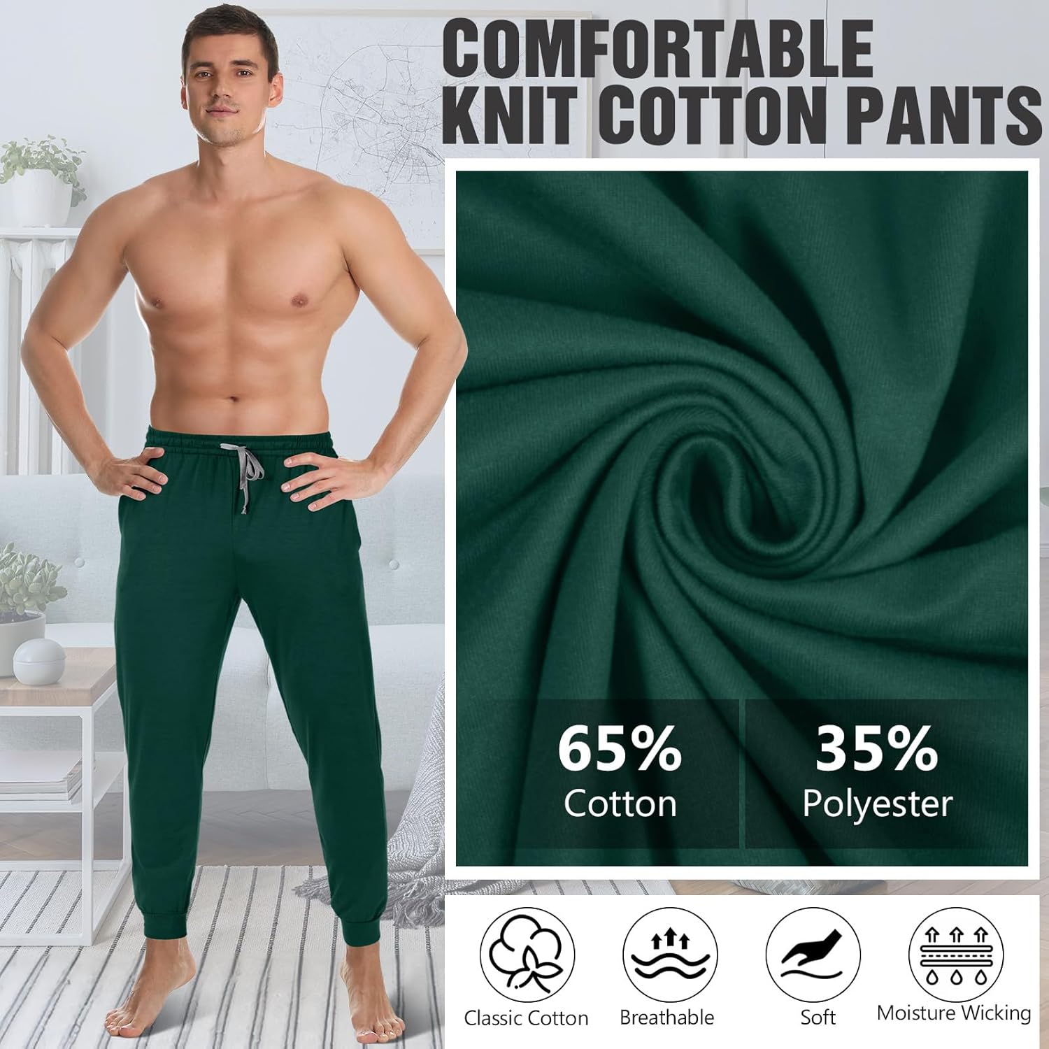 3 Pack Mens Cotton Sleepwear Pajamas Pants with Pockets, Soft Drawstring Lounge Bottoms Pjs for Men - Image 4