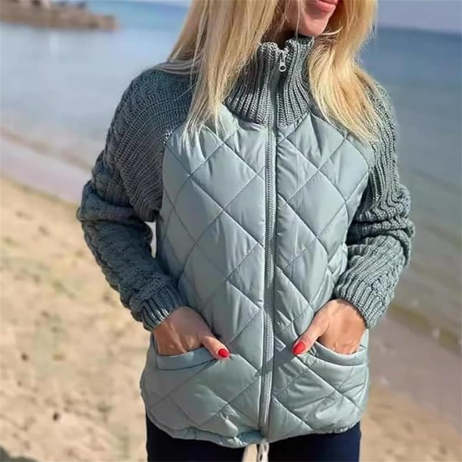 Piumino da donna in maglia patchwork, giacche trapuntate da donna, 2024 piumino corto invernale da donna
