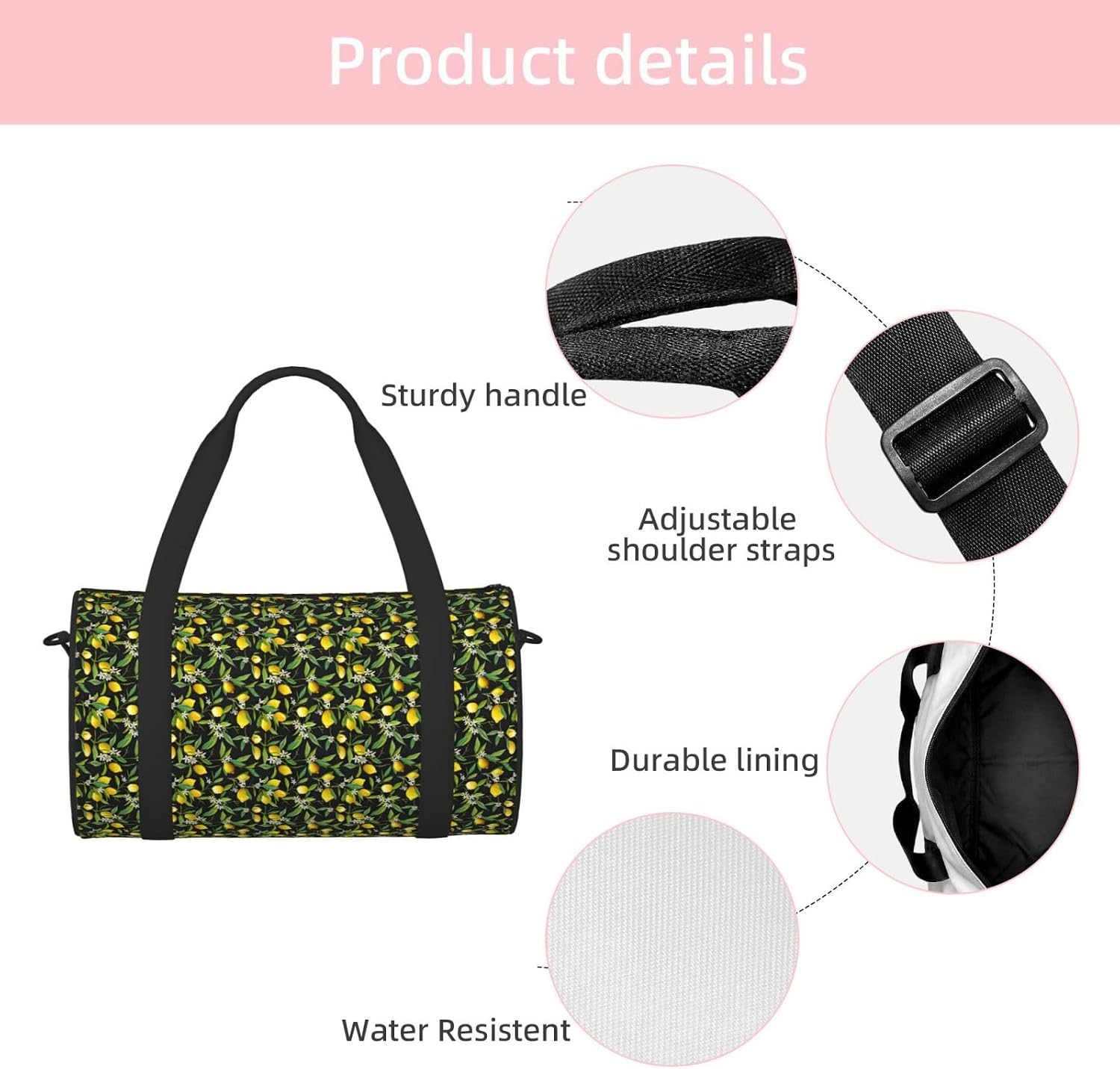 Lemon And Flower Print Sports Tote Bag Lightweight Water-Resistant Gym Backpack Travel Supplies