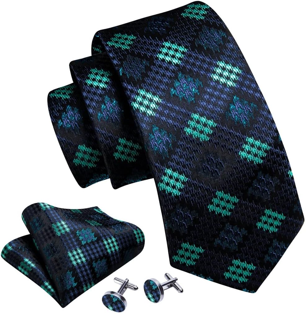 Men's Tie Set Green Plaid Red Silk Tie Pocket Square Cufflinks Set Wedding Gift