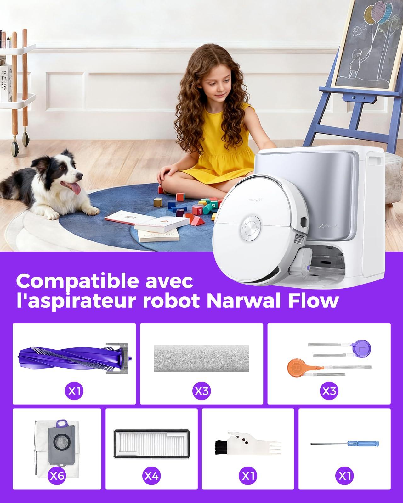 Flow accessoires pour Narwal Flow Robot Aspirateur, 22 Pièces 1 Brosse principale, 3 Lingettes de piste, 4 Filtres HEPA, 6 Brosses latérales, 6 Sacs à poussière,1 Brosse de nettoyage et