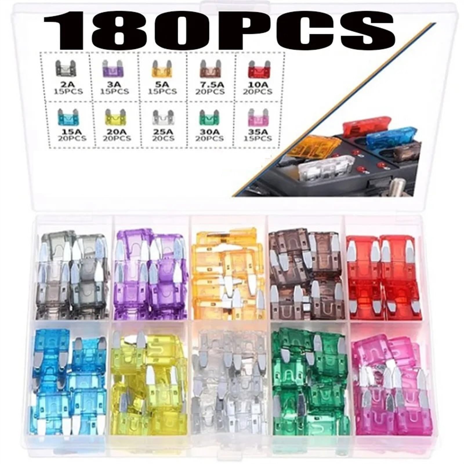 Set di mini fusibili da 180 pezzi Fusibili for auto Mini Fusibili piatti for autoveicoli Barca Camion SUV 2A 3A 5A 7,5A 10A 15A 20A 25A 30A 35A