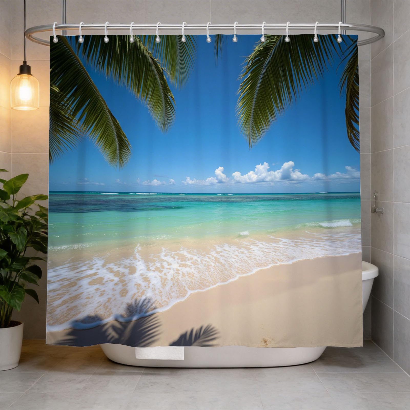 Hongduo 3D Palm Beach Shower Curtain for Stalls Bathtubs Beach Scene Bathroom Decor Shower Curtain Set Polyester Fabric Waterproof 120x180cm/48X71 Inch with Hooks