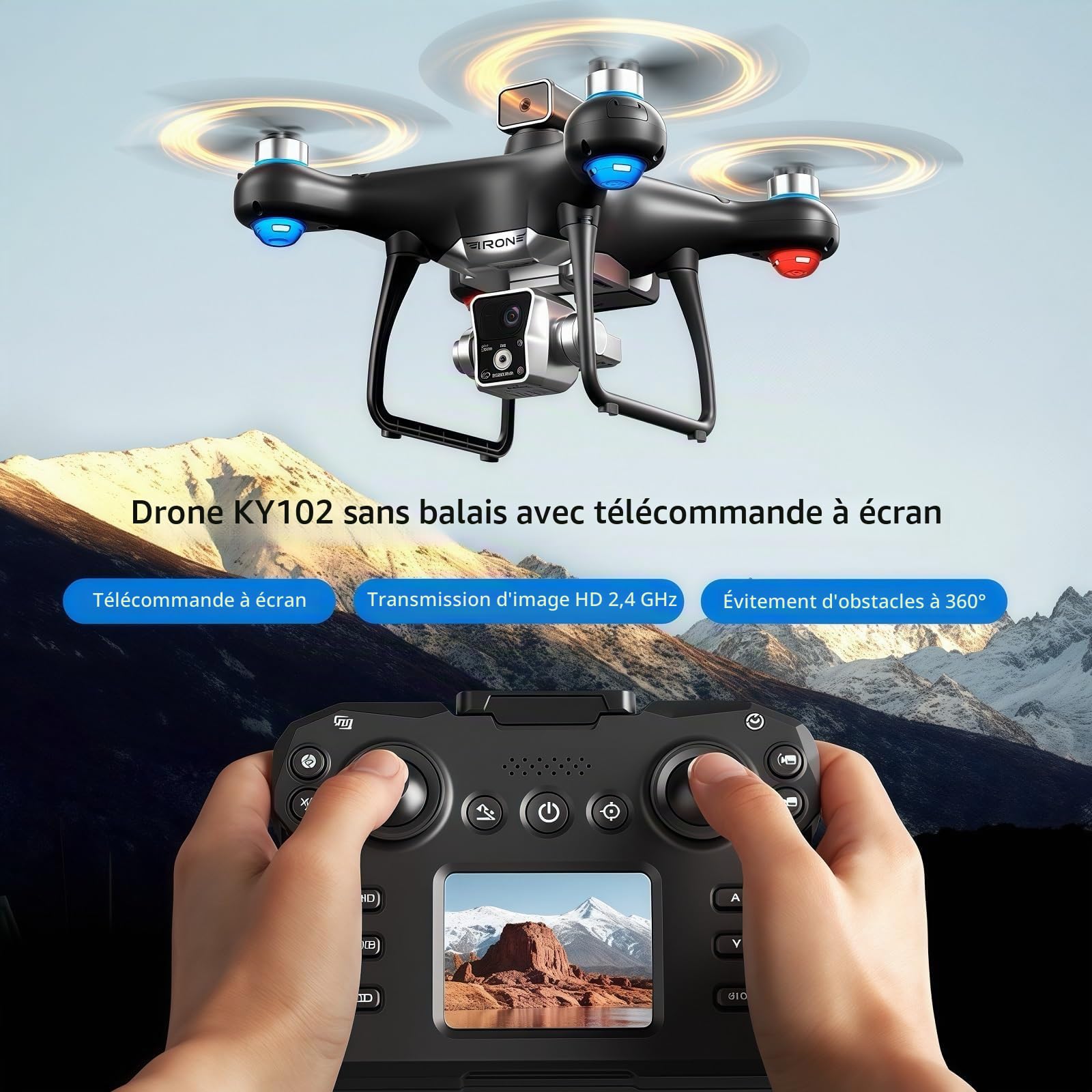 KY102 Drone avec contrôleur d’écran avec carte SD, Télécommande avec Écran LCD, Transmission en Temps Réel, Les deux batteries.