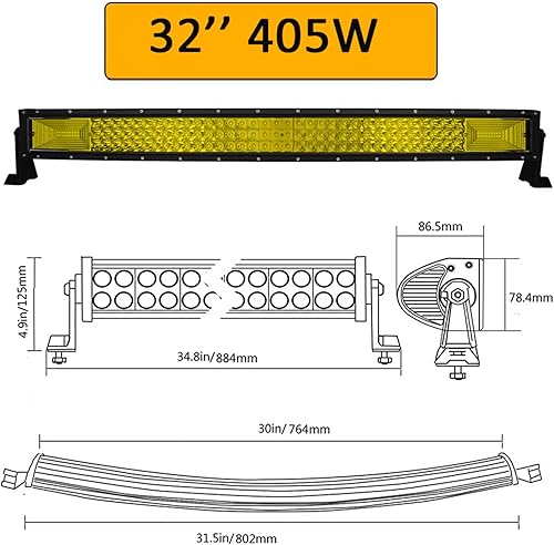 Miniatura 9 de Barra de luz LED curvada 7D, barra LED amarilla 4X4, camión, ATV, techo de coche, barra de luz antiniebla ámbar, 52 pulgadas