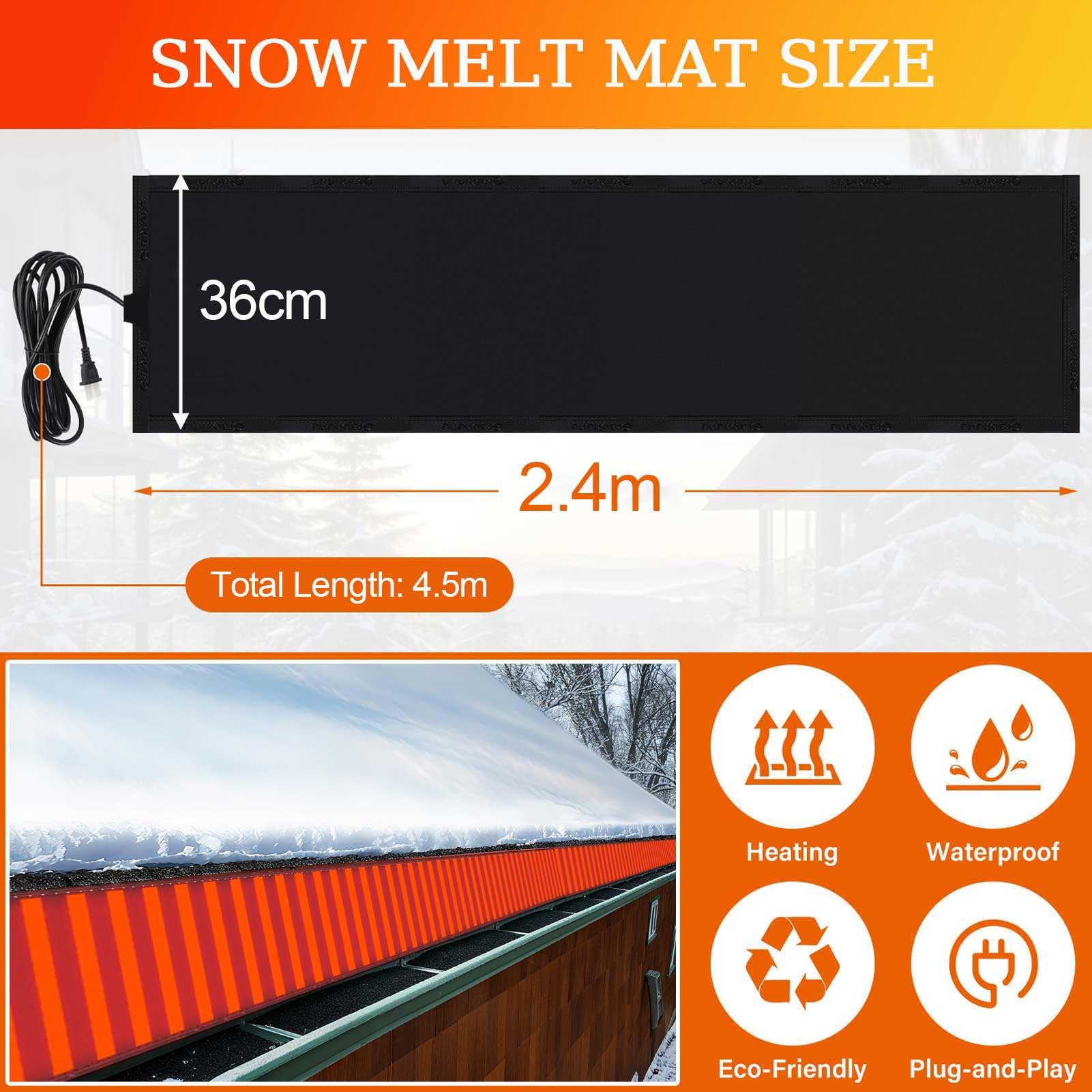 Beheizte Schneeschmelzmatten für den Außenbereich im Winter, Heizmatten zur Verhinderung von Eisdämmen, PVC-Eisschmelzmatten, Dach- und Kehlheizung, Schmelzgeschwindigkeit 7,6 cm/Stunde,2.4mx36cm