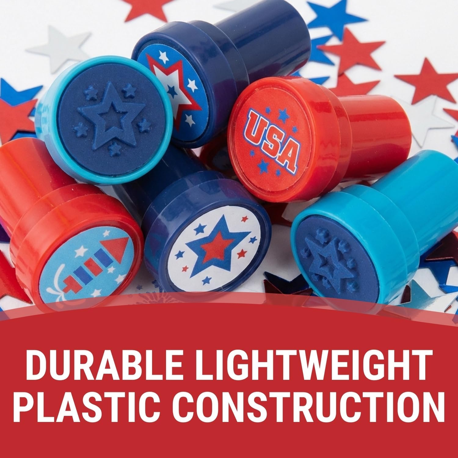 Fun Express 1" x 1 1/2" Mini Patriotic Fireworks & Stars Plastic Stampers