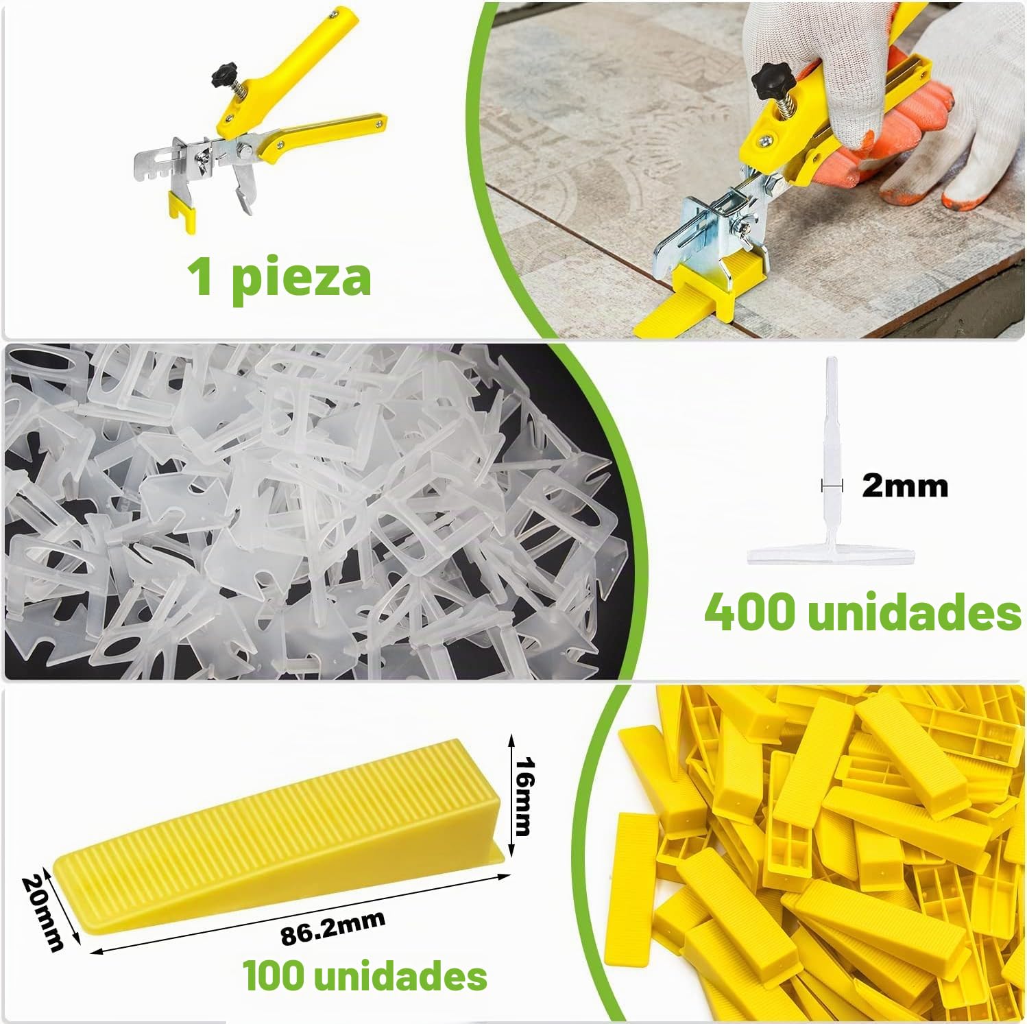 Nuyoah Sistema de Nivelación de Azulejos 2mm 501pz Niveladores de Azulejos | Con 400 Cuñas Niveladoras Suelo 100 Reutilizables Espaciador 1 Alicates Profesional para Cerámica con un Grosor de 3 a 12mm