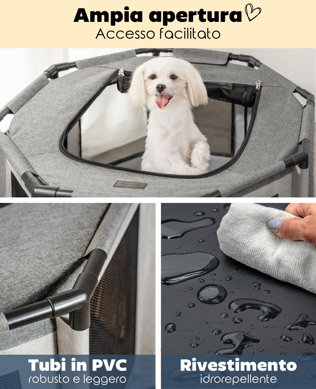 lionto Recinto per cani in tessuto Oxford, rete traspirante con cerniera e tasca laterale, recinto per cuccioli e gatti con struttura in tubi di PVC, gabbia ottagonale per cani, 72x72x43 cm, grigio
