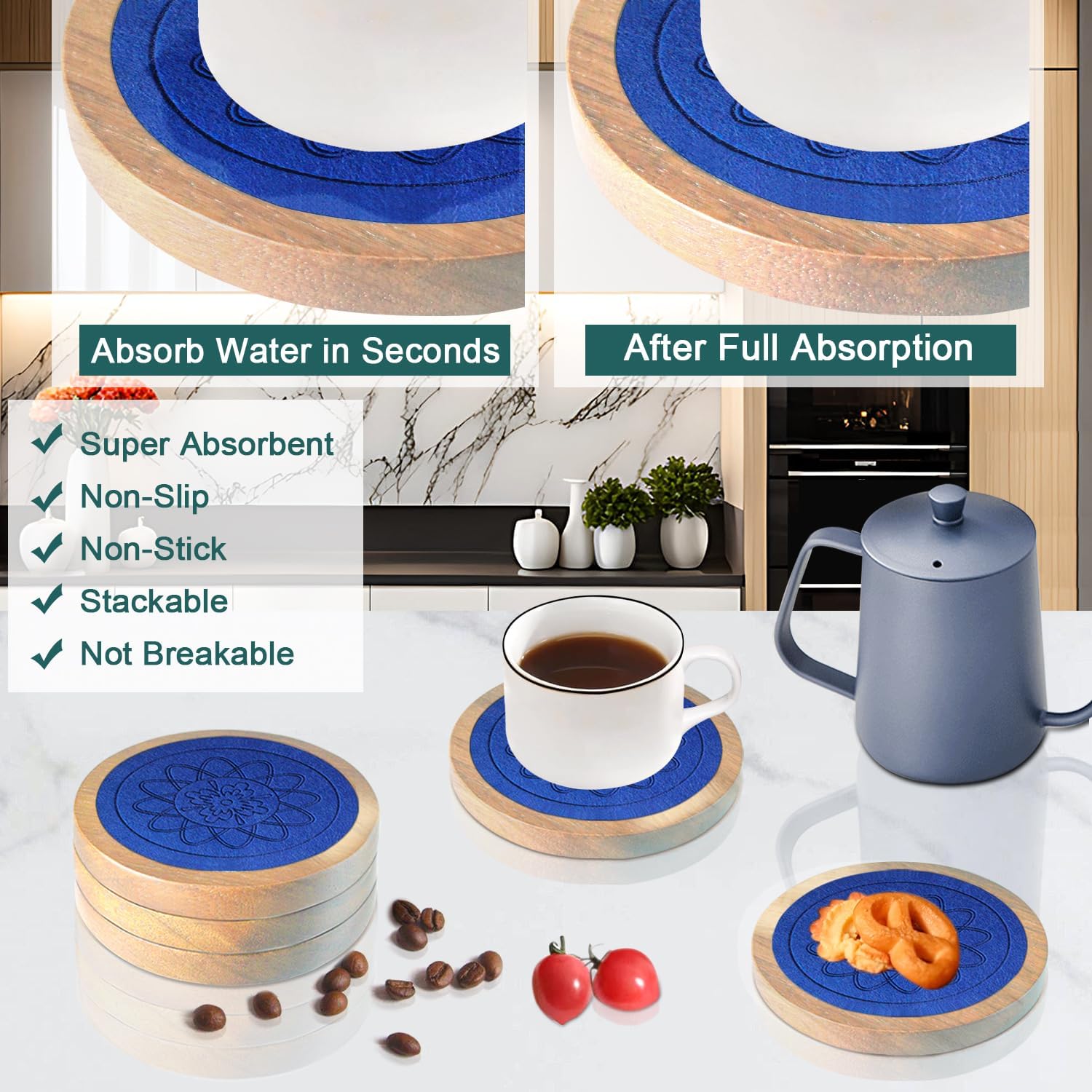 5 Pack Wood Coasters for Drinks, Minacun Absorbent Coaster Set, Drinks Coasters for Coffee Tabletop Protection, Non-Slip, Non-Stick, Suitable for Kinds of Cups Wooden Table Drink, 4.3 Inch Blue - Image 2