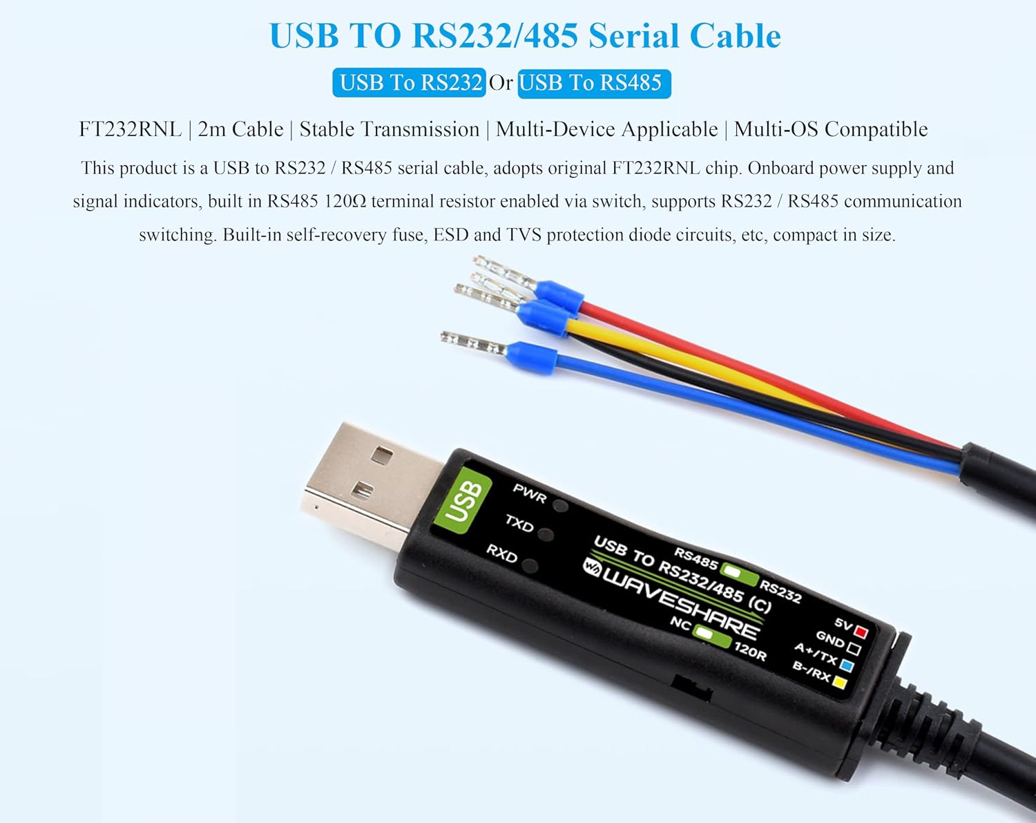 USB to RS485 /RS232 Converter Board, Original FT232RNL Chip Stable Transmission, Onboard Power and Signal Indicators, Supports Mac Linux Android Win11/10/8.1/8/7,etc.