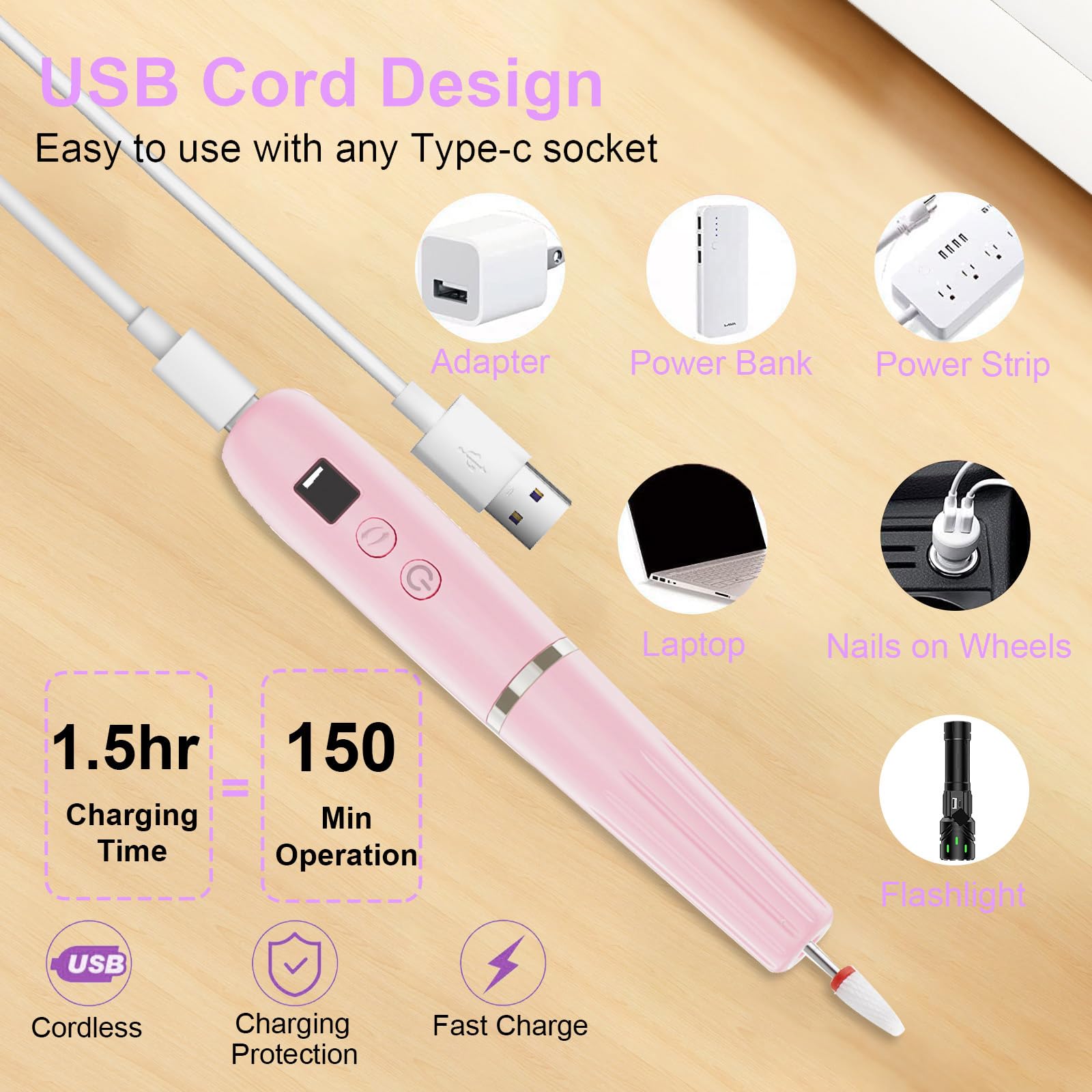 Professionelles Nagelbohrer-Set: Wiederaufladbare elektrische Nagelfeile für Acryl-Nagelfeile, kabellose elektrische Nagelfeile für Anfänger und Profis, Maniküre- und Pediküre-Set
