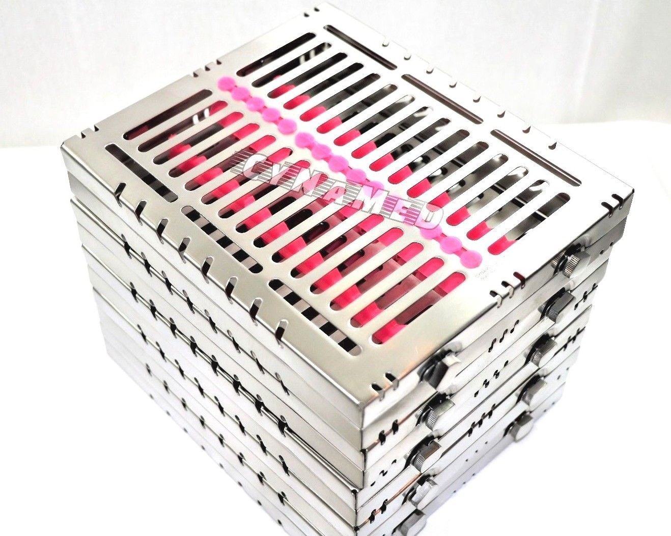 5 German Dental Autoclave Sterilization Cassette Tray for 15 Instruments 8.25X7.25X1.25" Pink CYNAMED