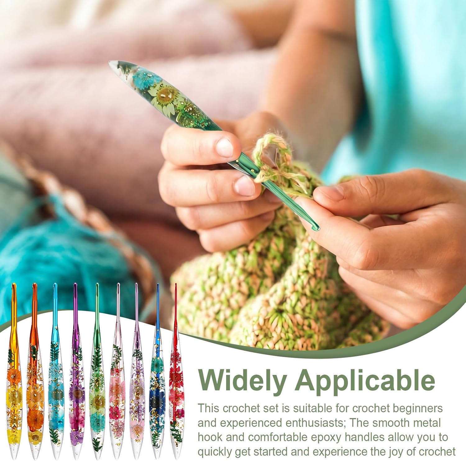 Riceshoot 9 Pcs Crochet Hook Set, 2.0mm-6.0mm Ergonomic Crochet Hooks with Long Floral Handle for Beginners Crocheting Lovers, Includes Storage Bag and Other Accessories