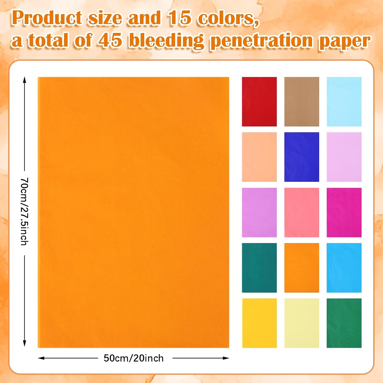 Honoson 45 Sheets Bleeding Tissue Paper 20 x 27.5 Inch Watercolor Bleeding Paper for Art Wet Strength Tissue for DIY Project Scrapbooking Greeting Card Watercolor Collage Art Craft, 15 Assorted Colors