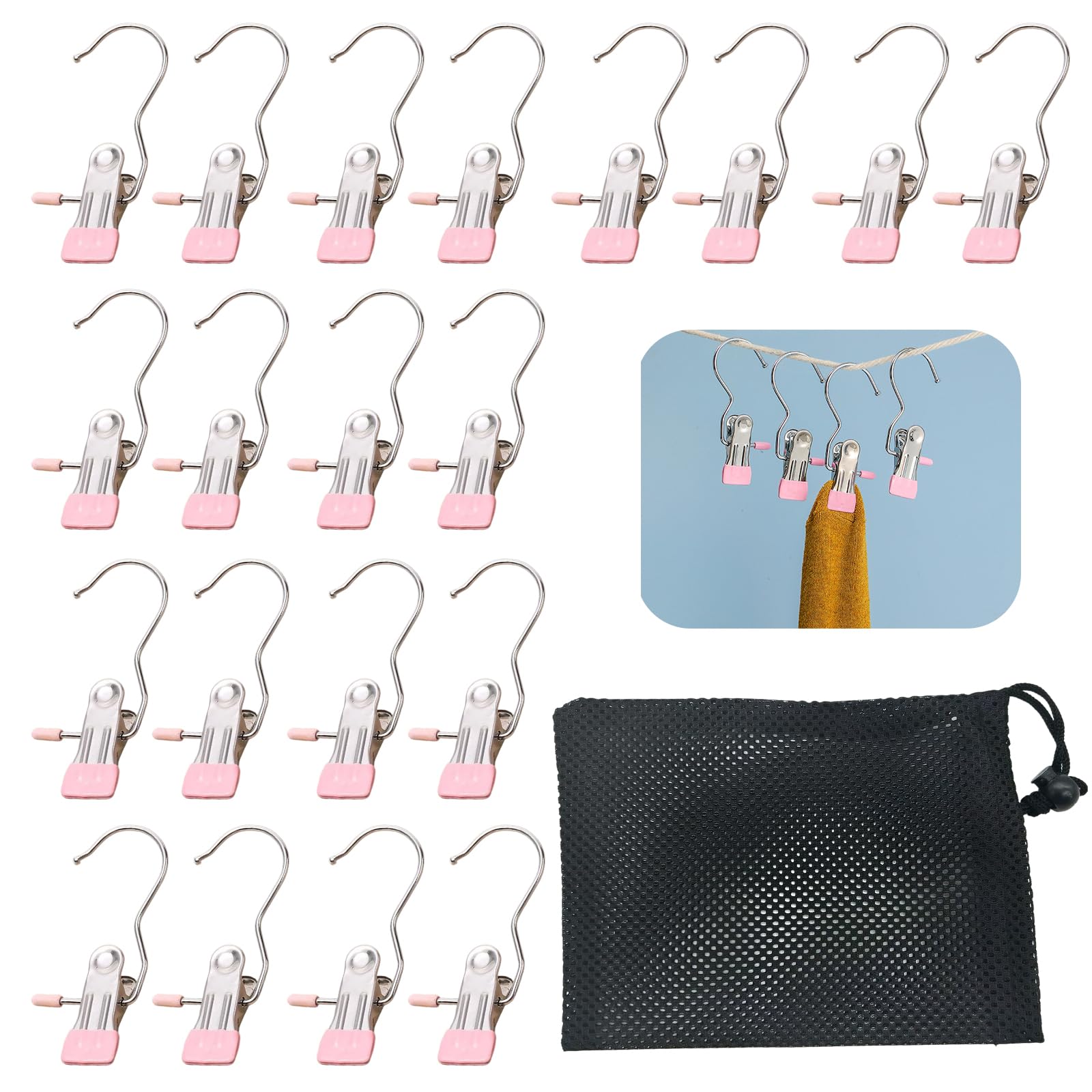 YSDINK 20pcs Portable Laundry Hooks, Non-slip Rotatable Clothes Pegs, Multi-Functional Metal Hangers for Coats Hats, Towels