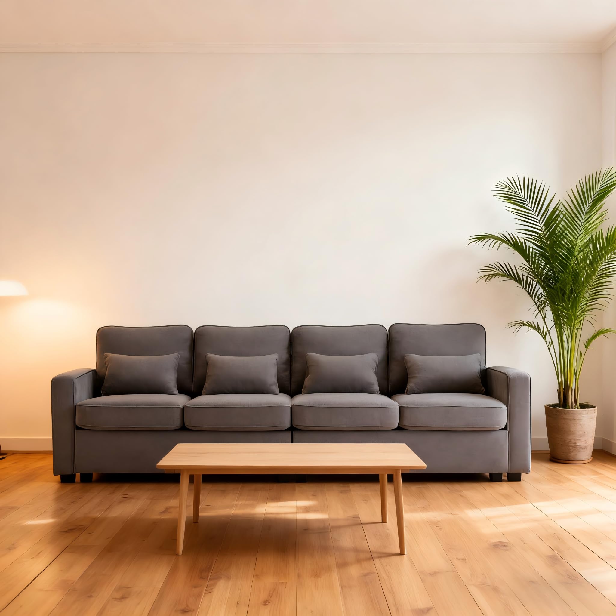 Soweiz Sofá moderno de 4 plazas de tela de lino, sofá de cuatro plazas con bolsillos para reposabrazos y 4 almohadas, estilo simple, adecuado para salón, apartamento, oficina, 3 opciones de color