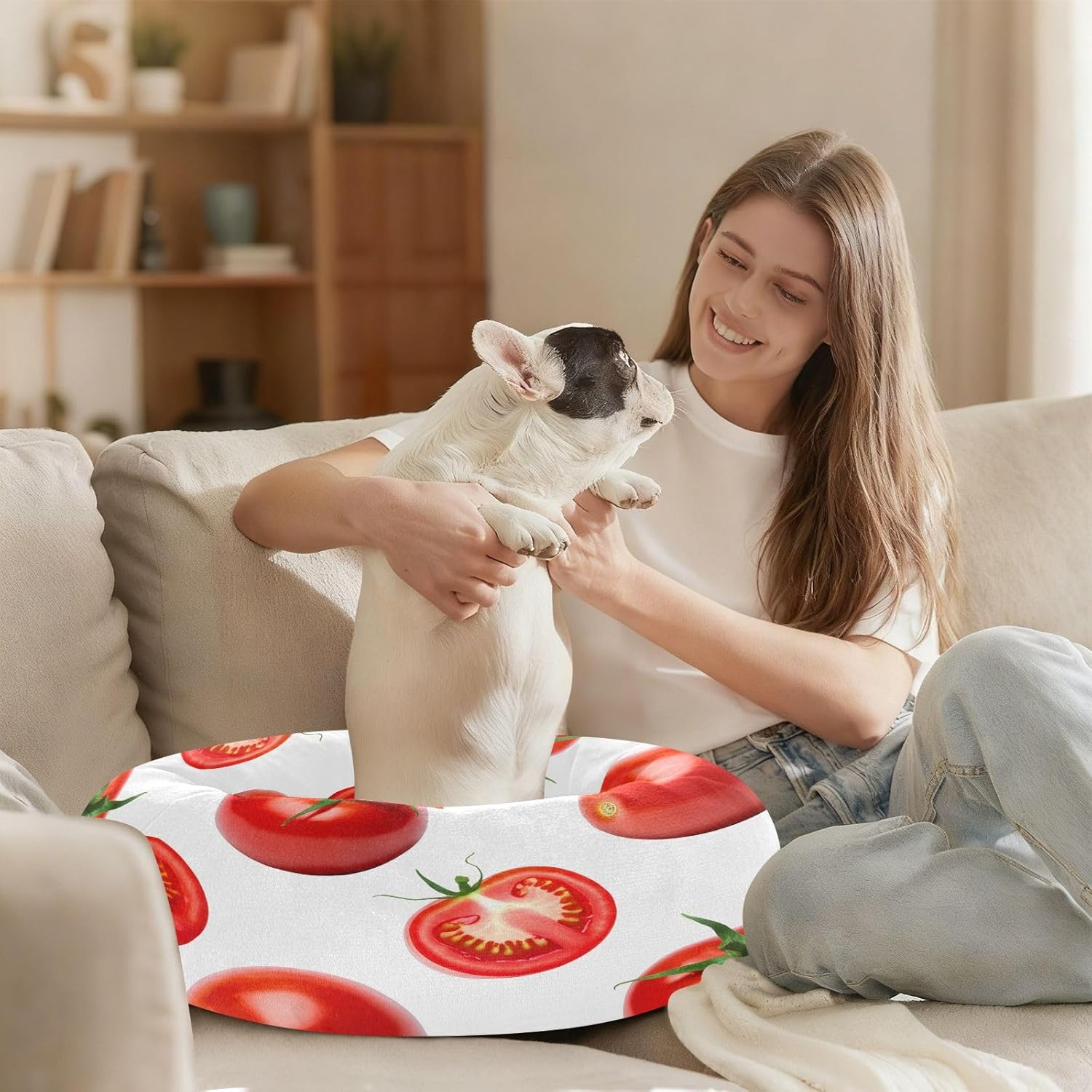 Round Cat Bed Dog Bed,20in Tomatoes Washable Non-Slip Bottom Soft Pet Bed for Small Medium Dogs and Cats