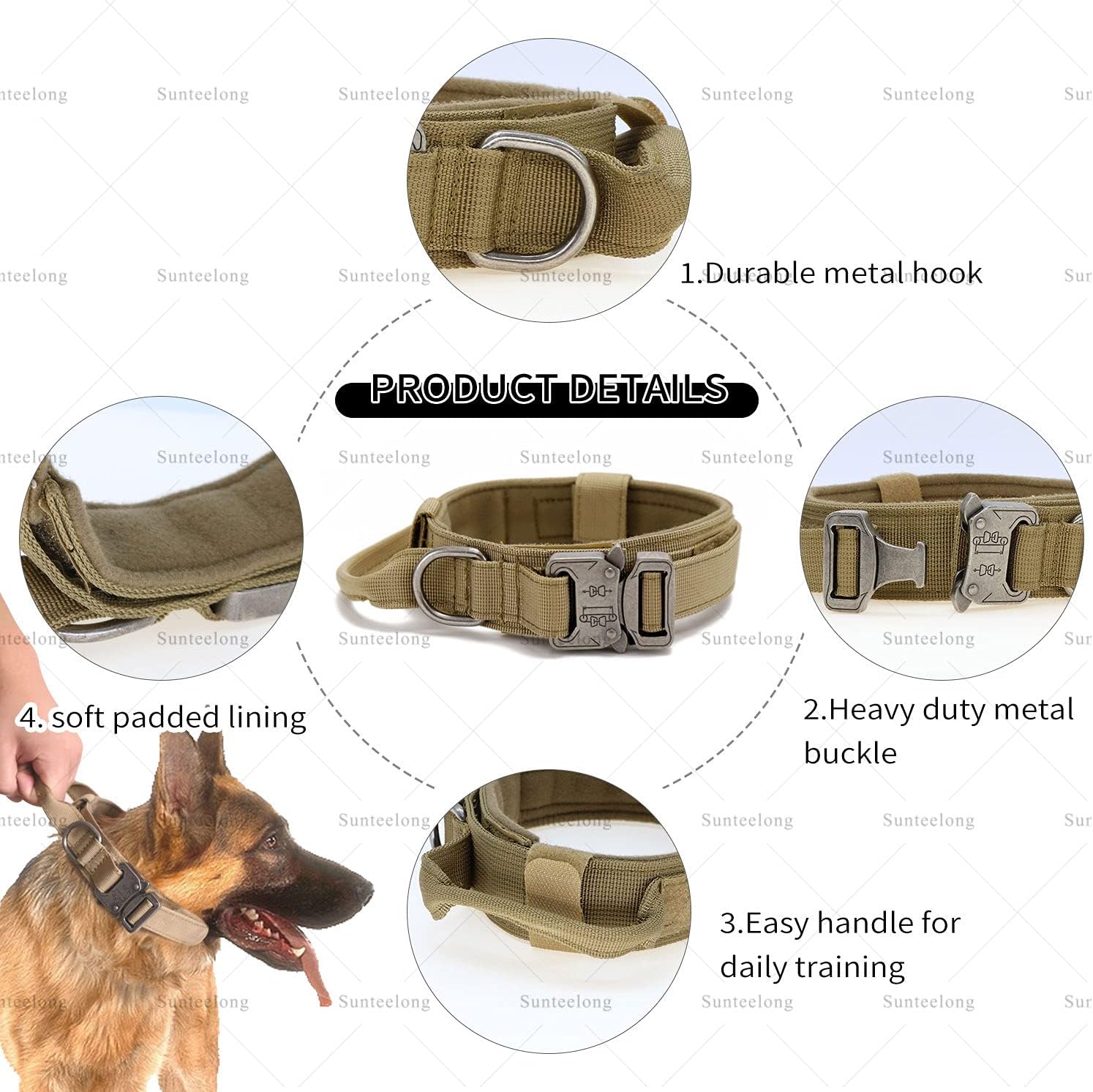 SunteeLong Tactical Dog Collars Adjustable Thick Nylon Dog Collar with Handle for Dog Training Quick Release Heavy Duty Metal Buckle Military Dog Collar for Small Medium Large Dogs Brown L