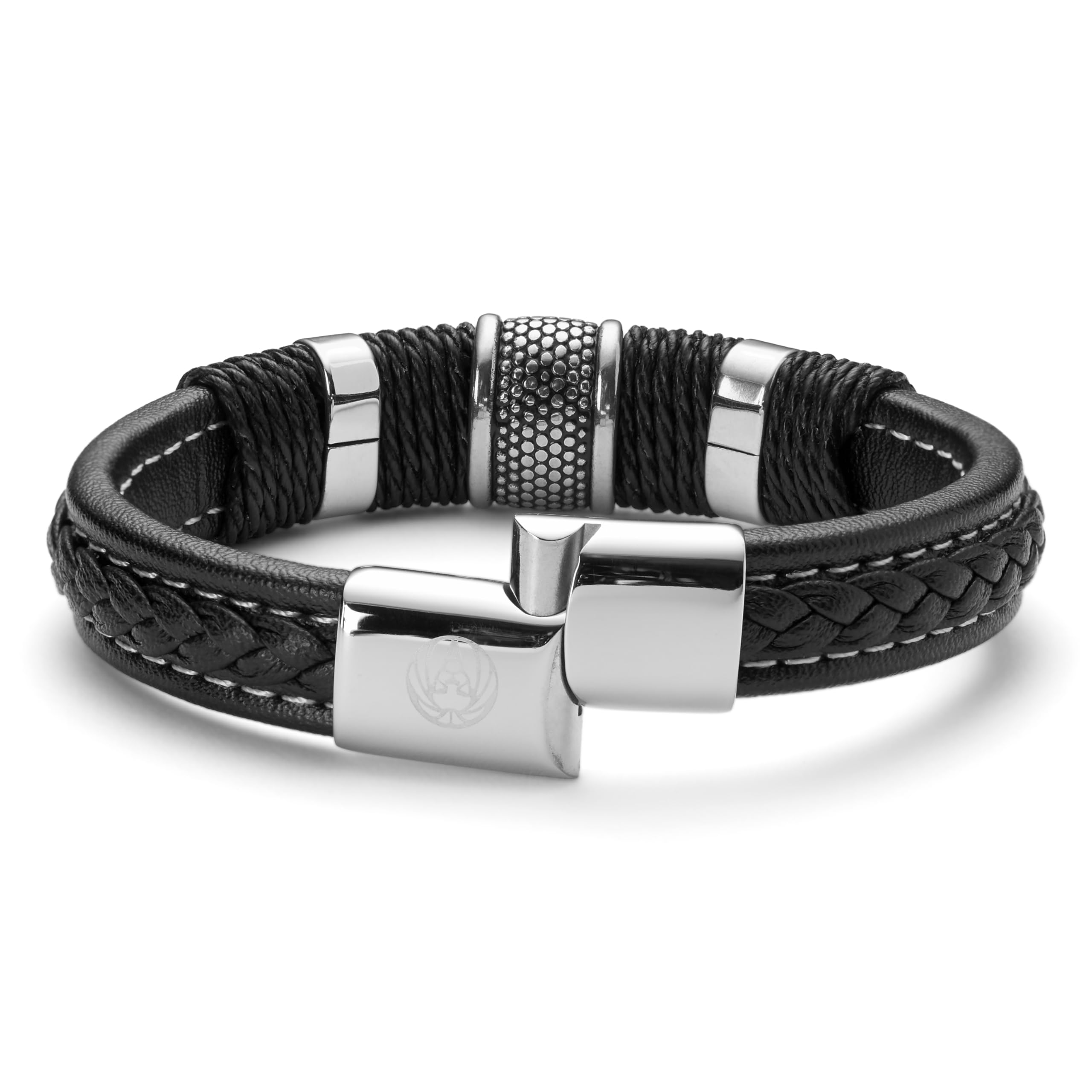 Lucleon by Trendhim Armband Herren | Schwarzes Icon Lederarmband mit silberfarbenem Edelstahlverschluss | Geflochtenes Echtleder | Dänisches Design | Geschenkidee für Männer & Vatertag