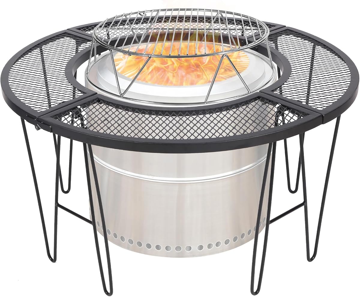 Kit de accesorios para hoguera y mesa envolvente para hoguera de estufa individual, soporte para hoguera de acero inoxidable, parrilla para cocinar, mesa envolvente redonda portátil duradera sin humo para acampar al aire libre