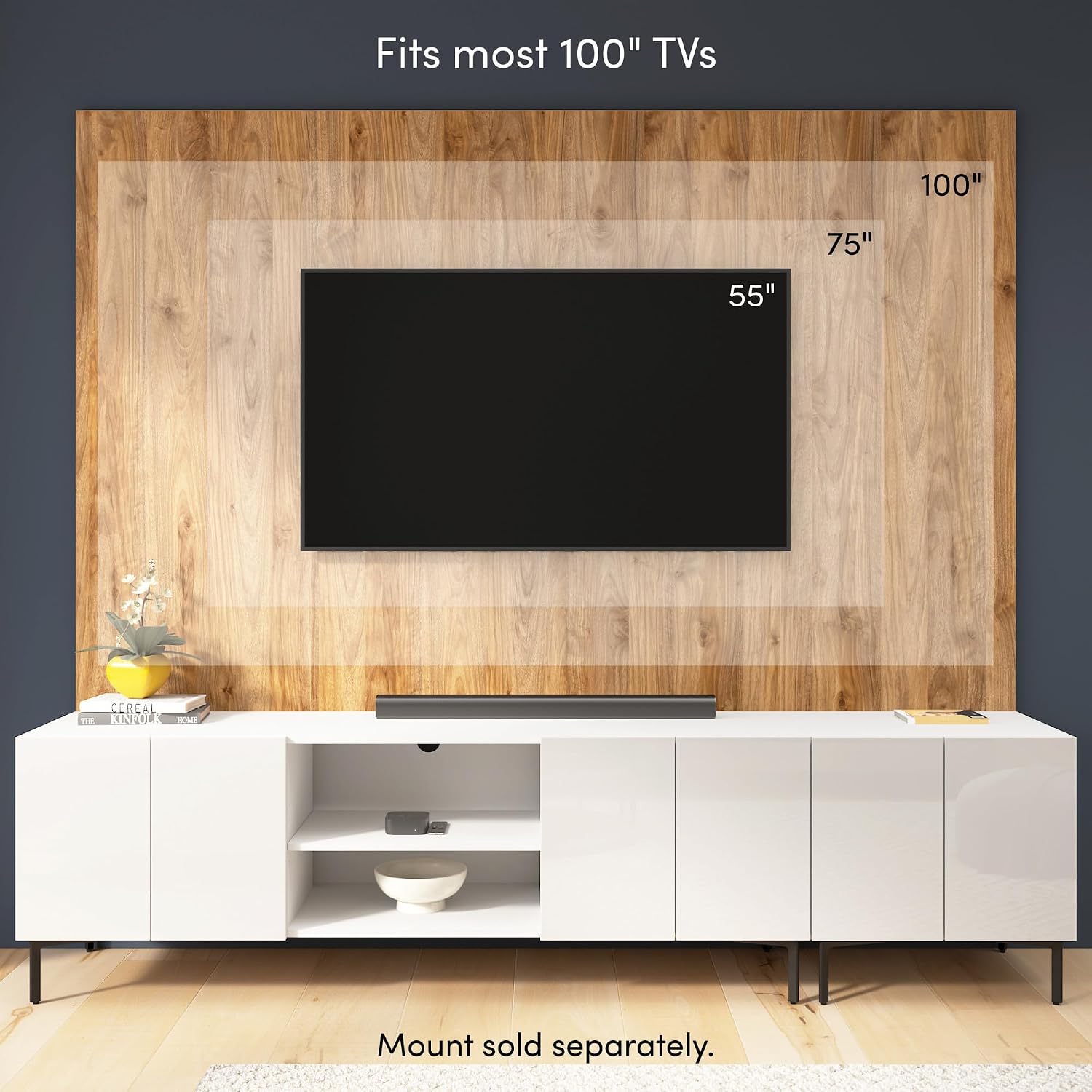 Bestar 94-inch Modular Entertainment Center with TV Stand, Storage Cabinet, and Large Wall Panel, Living Room Furniture, Barletta Collection, High Gloss White/Fresh Walnut