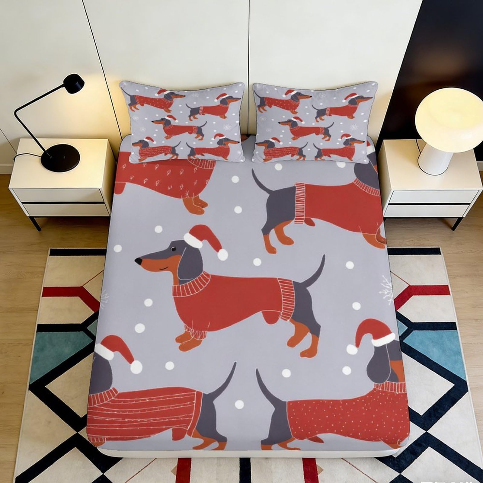 Dhbaneiok Style-7 3D Printed Christmas Dachshund Fitted Sheet Microfiber Soft Breathable Santa Dog Bed Cover For Bedroom Guest Room Decor 90X200x25cm