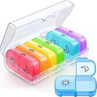 Weekly Pill Organizer 2 Times a Day, ZIKEE Same Side Opening Rainbow-color 7 Day Am Pm Pill Box, 7 Independent Pill Holders, Easy to Manage Pills/Vitamin/Fish Oil/Supplements, BPA Free Pill Box