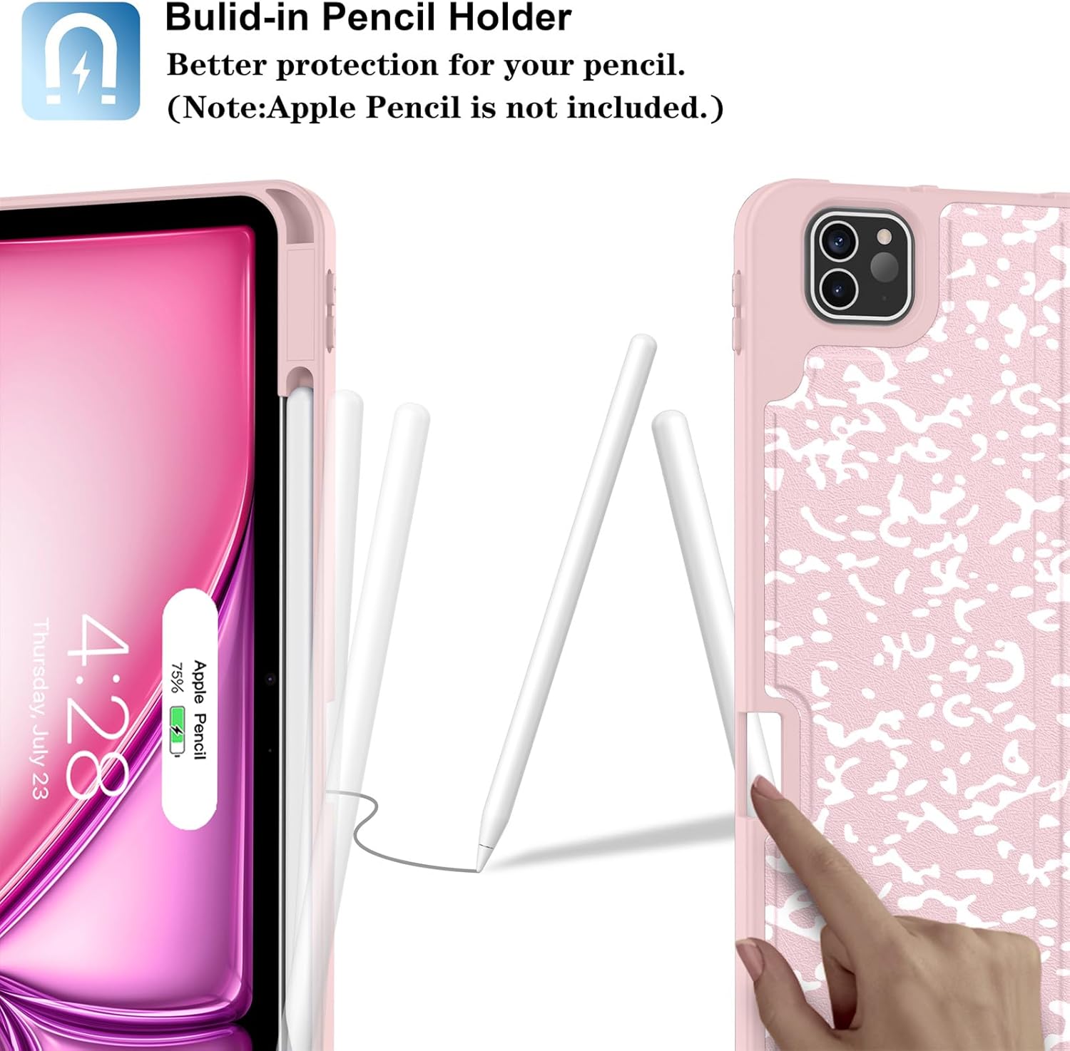 Supveco Case for iPad Air 13 Inch (M3) 2025/(M2) 2024 with Pencil Holder,Premium Folio Stand Case with Soft TPU Back Cover,and Auto Wake/Sleep-Pink - Image 3