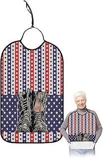 Kewadony Adult Bibs for Elderly Women - 4th of July Waterproof Dining Clothing Protectors with Crumb Catcher for Eating/Feeding, Star Red Blue Stripeds Patriotic Memorial Day Terry Cloth Bib Washable