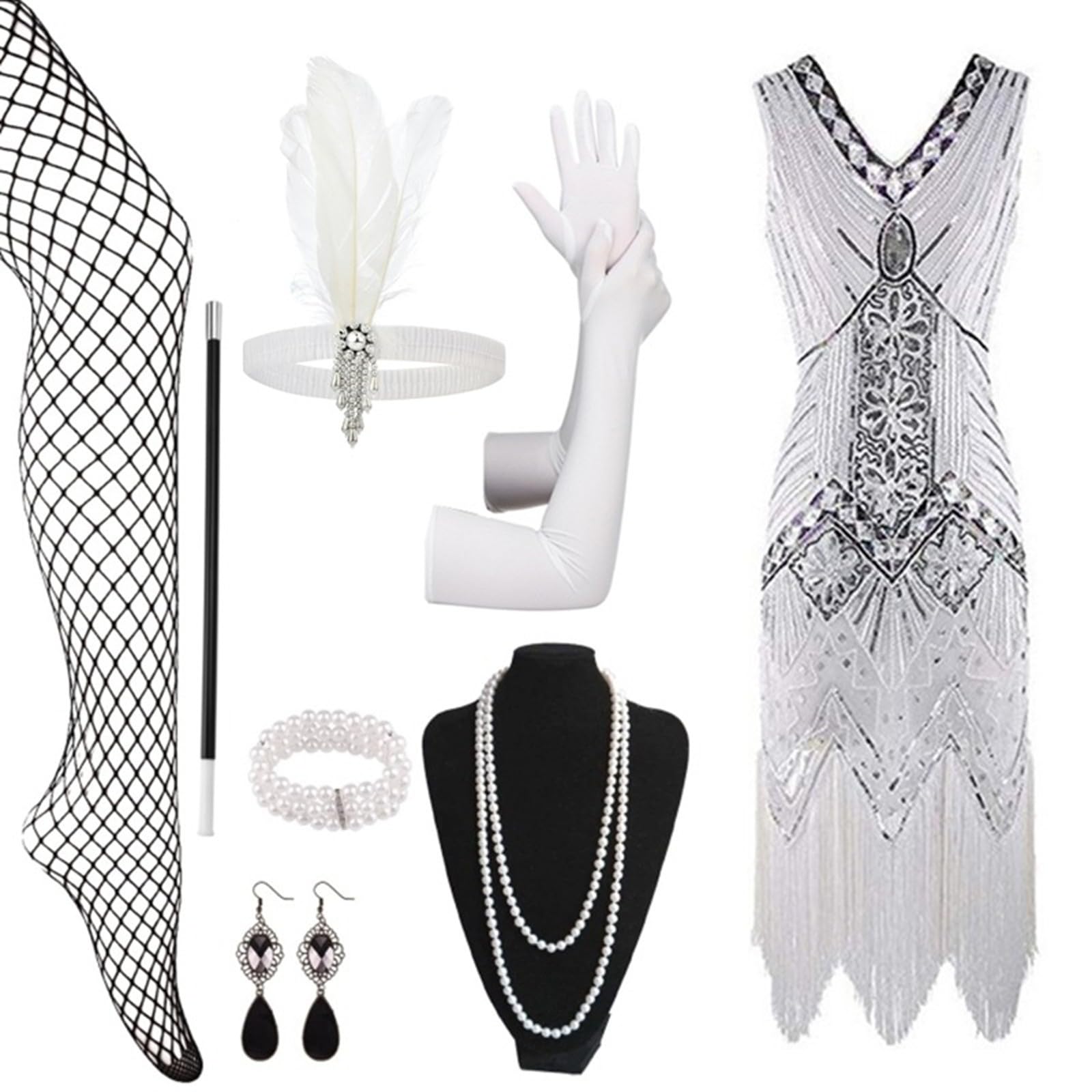 Generisch Neuheiten 2027 Damen Flapper-Kleid im 1920er-Jahre-Stil, Cocktailkleid mit Spitzenfransen 20er-Jahre-Accessoires-Set