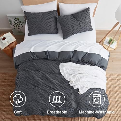 Miniatura 7 de Funda de edredón bohemia tamaño Queen, juegos de cama y colecciones bohemias, juego de funda de edredón Queen texturizada, funda de edredón gris